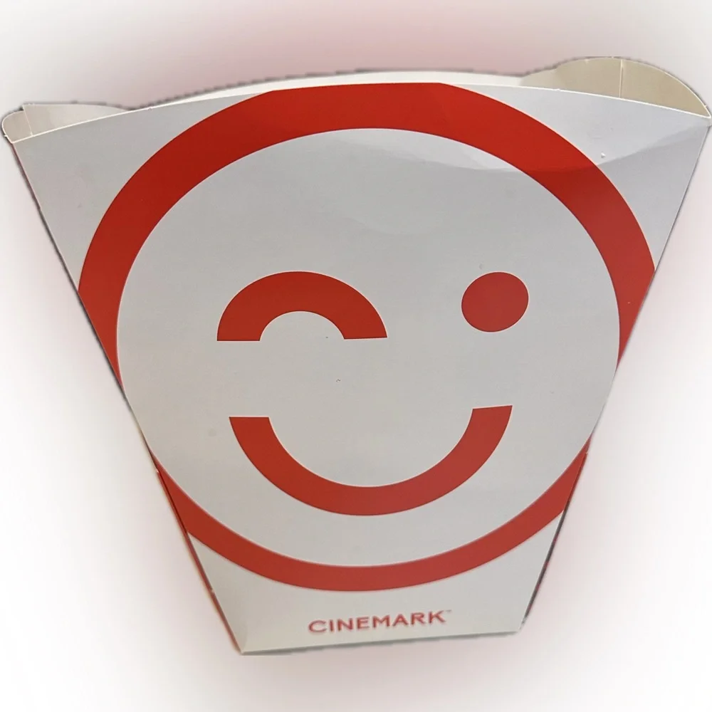 CINEMARK SQUARE POPCORN BUCKET RED WHITE REFILL TAB MOVIE THEATER COLLECTIBLE